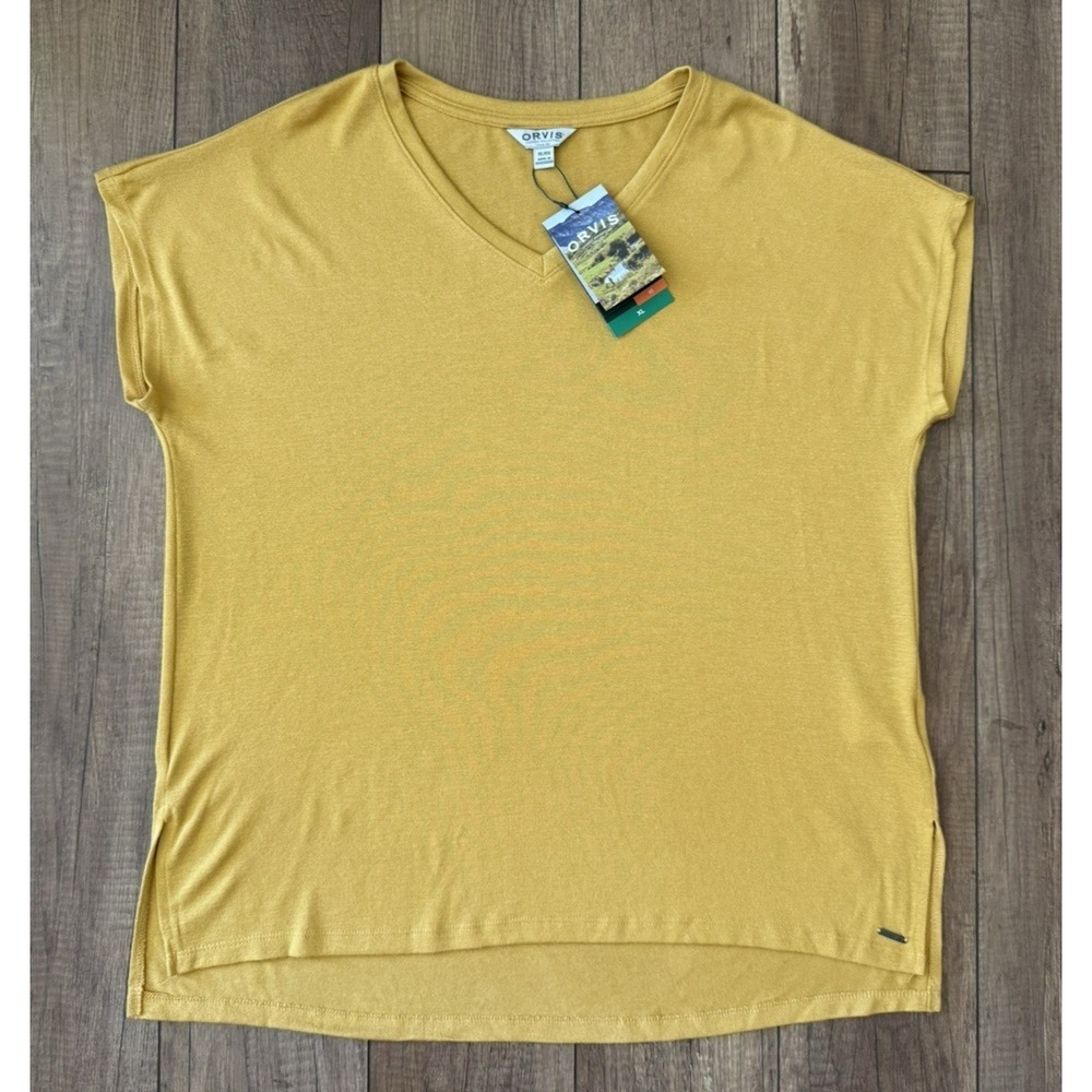 NWT ORVIS Women's Mustard Yellow V-Neck Short Sleeve Knit Casual Top Size XL